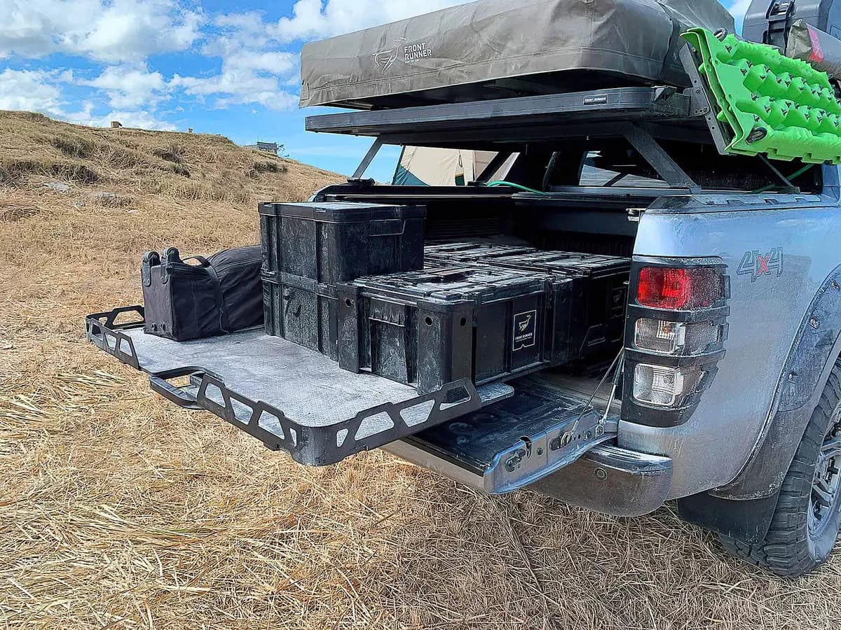 HSP Load Slide extended from a Ford Ranger dual cab tub, loaded with camping gear
