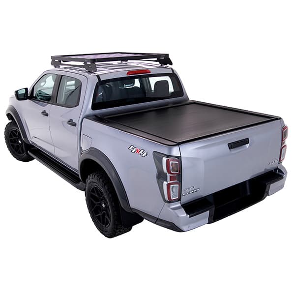 Isuzu D-MAX fitted with roller shutter, offering secure and weatherproof tub coverage for worksite use and touring setups.