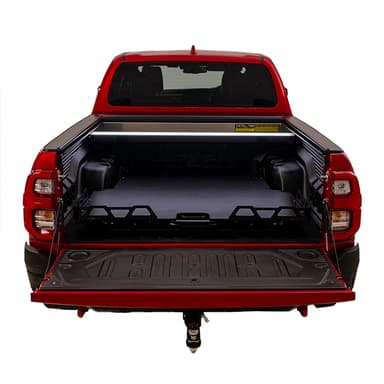 Red Toyota Hilux SR5 with HSP load slide tucked in, straight rear view