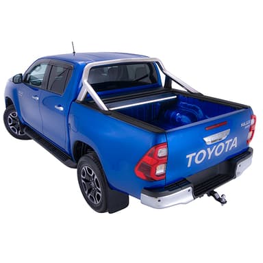 Blue Toyota Hilux SR5 with chrome roll top and roller cover open rear three-quarter alternate an