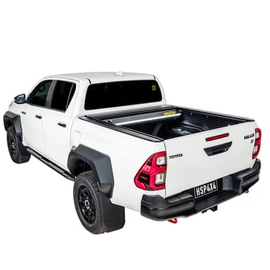 White Toyota Hilux SR5 with roller cover open, 3-4 rear view alternate
