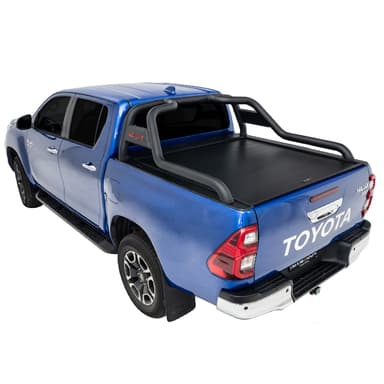 Blue Toyota Hilux SR5 with roll top and roller cover closed rear three-quarter studio image