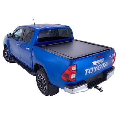 Blue Toyota Hilux SR5 with roller cover closed rear three-quarter alternate angle