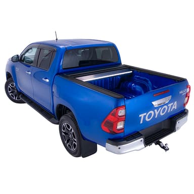 Blue Toyota Hilux SR5 with roller cover open rear three-quarter alternate angle