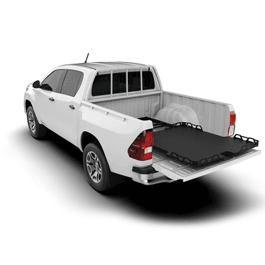 HSP Load Slide tray installed in Toyota Hilux SR J-Deck tub, rear view with tray extended for easy cargo access.
