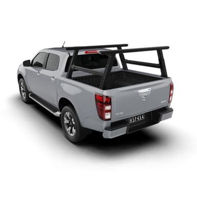 Mazda BT-50 TF ladder rack mounted to dual cab ute, designed for carrying ladders, rooftop storage, and worksite equipment.