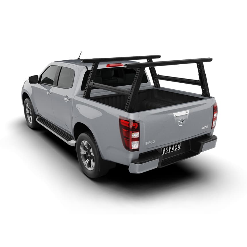 Mazda BT-50 TF ladder rack mounted to dual cab ute, designed for carrying ladders, rooftop storage, and worksite equipment.