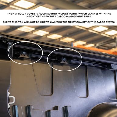 Close up of HSP Roller Cover mounting points inside tub rail, showing brackets that interfere with factory cargo management rails and affect system functionality