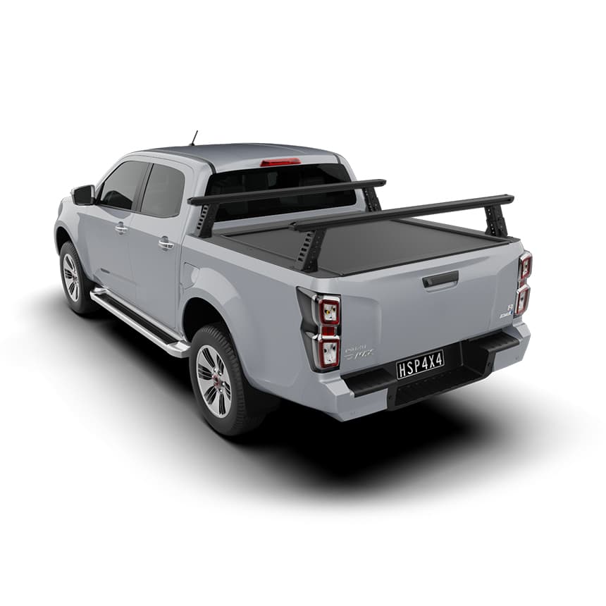 Isuzu D-MAX tub rack mounted for rooftop tent support, overlanding setups, and trade equipment transport.