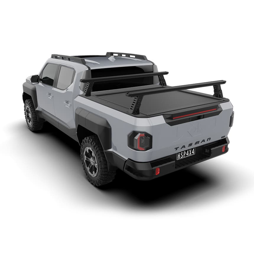 Kia Tasman with HSP Tub Rack mounted on Electric Roller Cover – smart rack and ute lid setup for load support and security