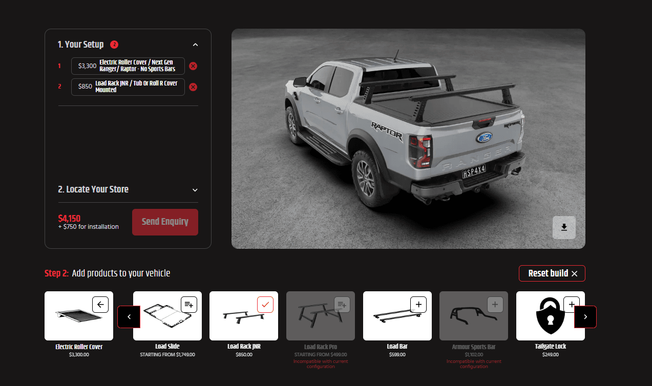 Custom 3D ute builder view displaying a modified ute with tub rack, rooftop tent, and additional accessories installed.