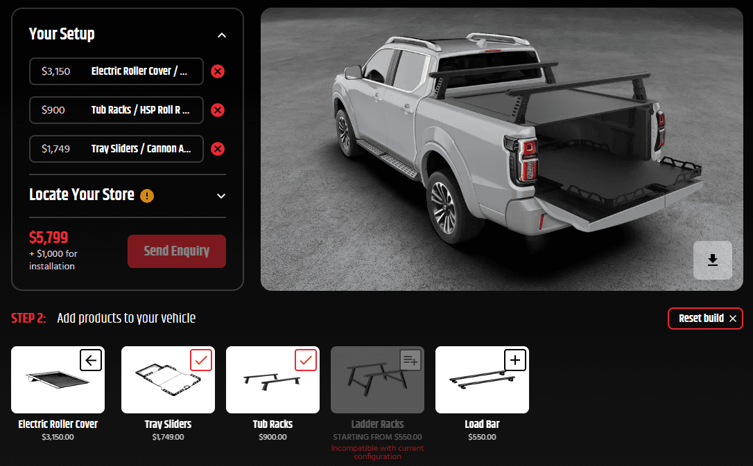 GWM Cannon Alpha Ladder Rack: HSP Load Rack Pro mounted above the tub and carrying ladders