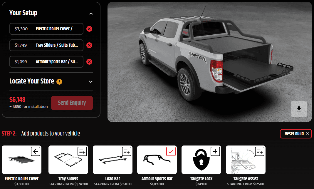 Ford Ranger Roller Shutter: HSP Roll R Cover closed over the ute tub on a dual cab 3D ute builder screenshot