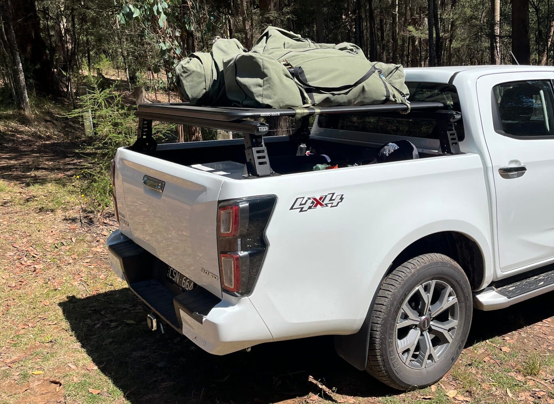 Tub Rack: Australian-made HSP Load Rack JNR mounted to the tub and carrying gear