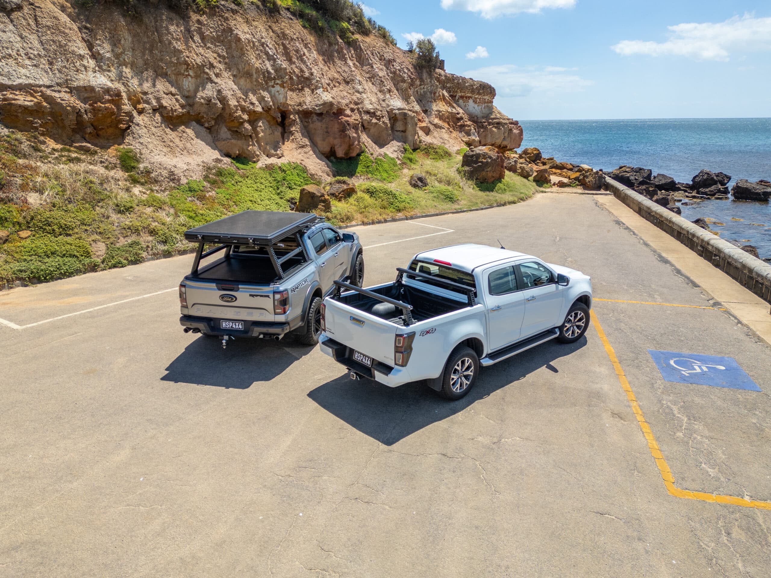Ute Tub Rack: Australian-made HSP Load Rack JNR mounted to the tub and carrying gear, shown from above