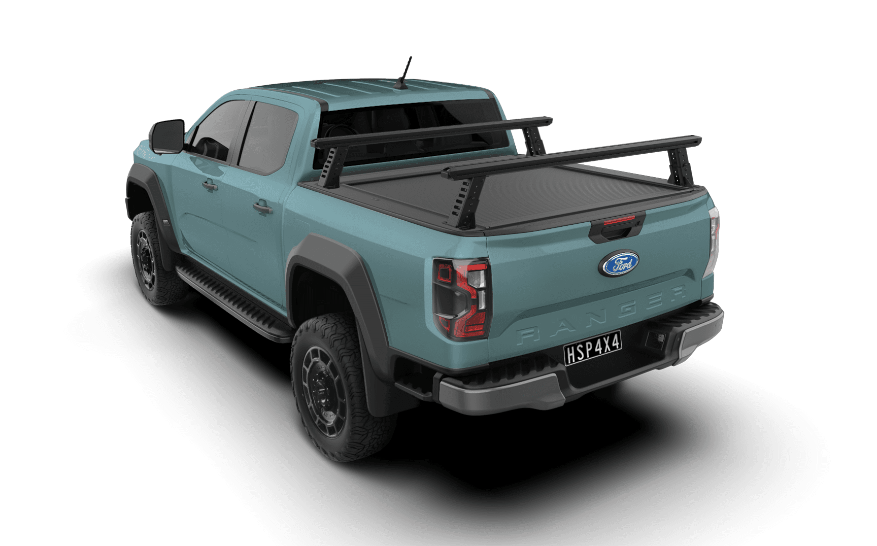 Ford Ranger Super Duty with HSP Electric Roller Cover and Tub Rack – versatile ute setup with secure tonneau and elevated rack system