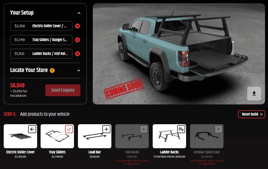 Ford Ranger Superduty Accessories: roller covers, racks and tub gear on a dual cab ute. 3D ute builder screenshot