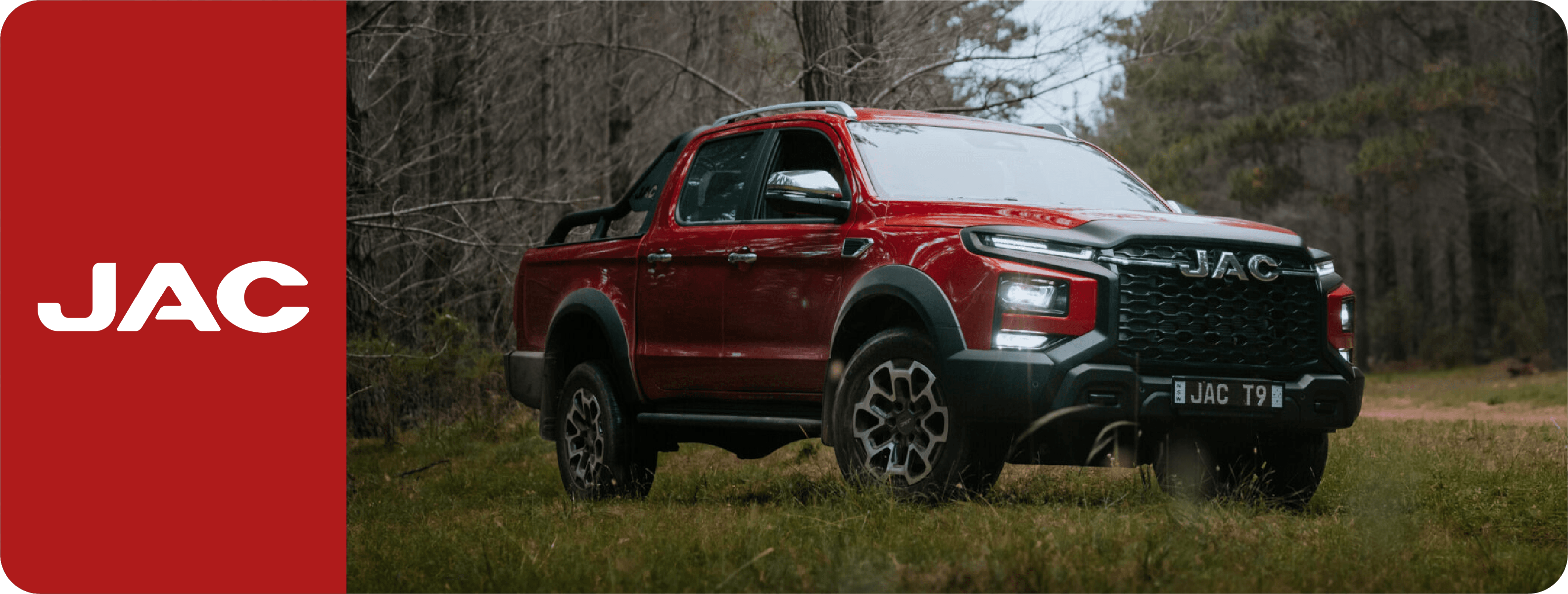 Wide-angle view of a JAC T9 ute fitted with HSP accessories including sports bar, roller cover, and racks, designed for both trade and touring setups.