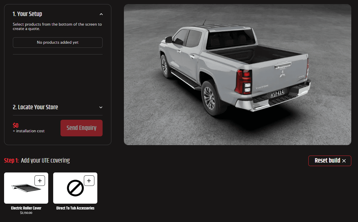 Mitsubishi Triton Accessories: Australian-made roller covers, racks and tub gear on a dual cab ute, 3D ute builder screenshot
