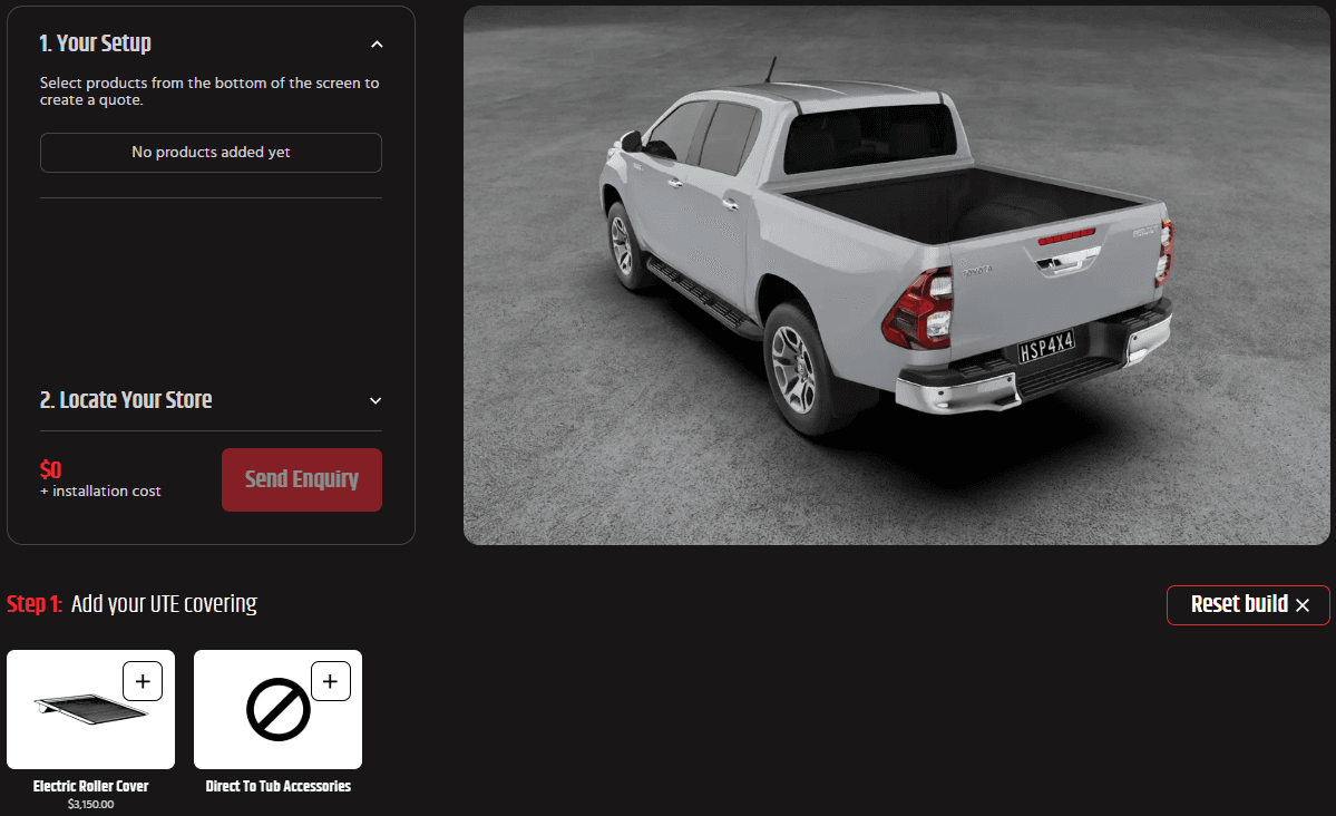 Toyota Hilux Accessories: Australian-made roller covers, racks and tub gear on a dual cab ute 3D ute builder screenshot