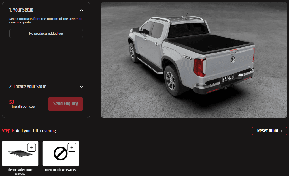 VW Amarok Accessories: Australian-made roller covers, racks and tub gear on a dual cab ute. 3D ute builder screenshot