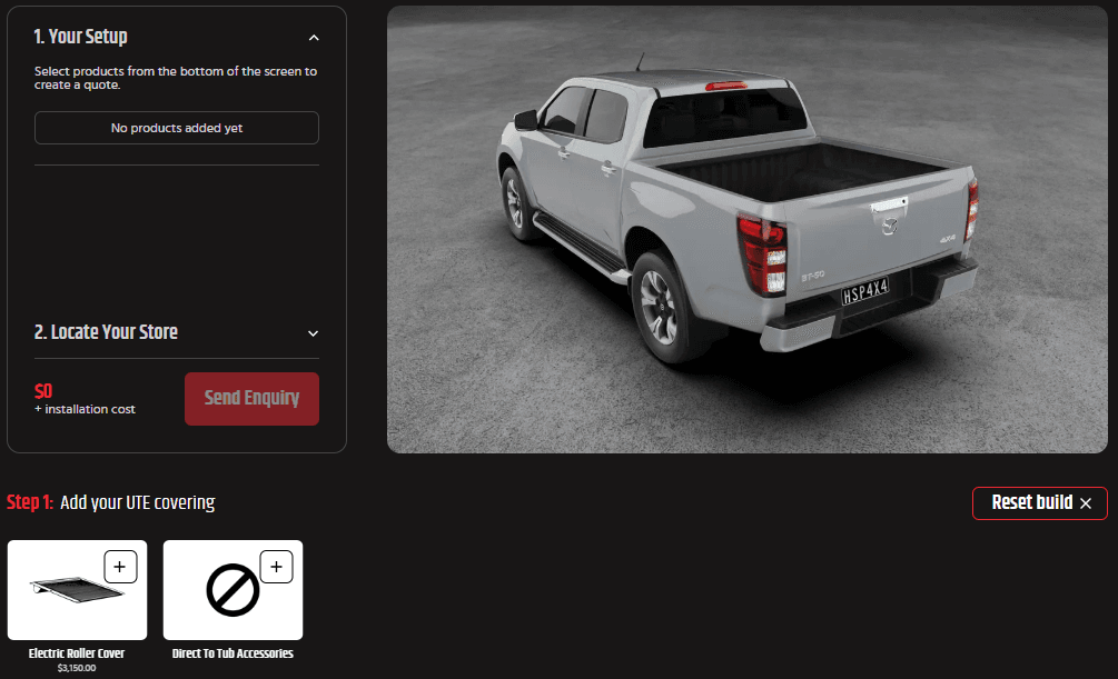 Mazda BT-50 Accessories: Australian-made roller covers, racks and tub gear on a dual cab ute, 3D ute builder screenshot