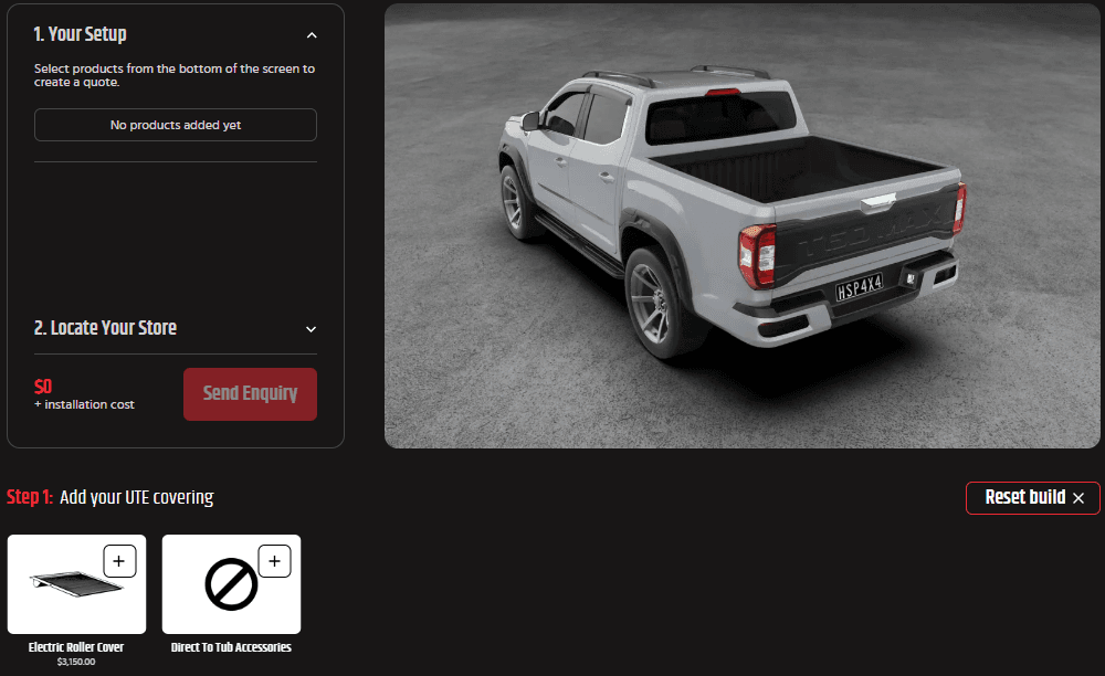 LDV T60 Accessories: Australian-made roller covers, racks and tub gear on a dual cab ute. 3D ute builder screenshot