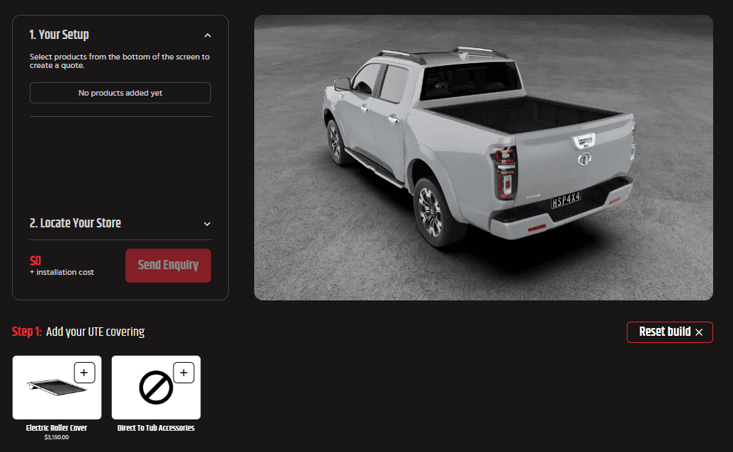 GWM Cannon Roller Shutter: Australian-made HSP Roll R Cover closed over the ute tub on a dual cab. 3D ute builder screenshot