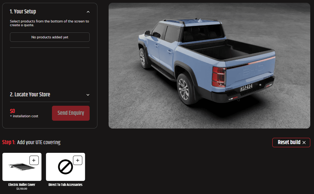 BYD Shark Accessories: Australian-made roller covers, racks and tub gear on a dual cab ute. 3D ute builder screenshot