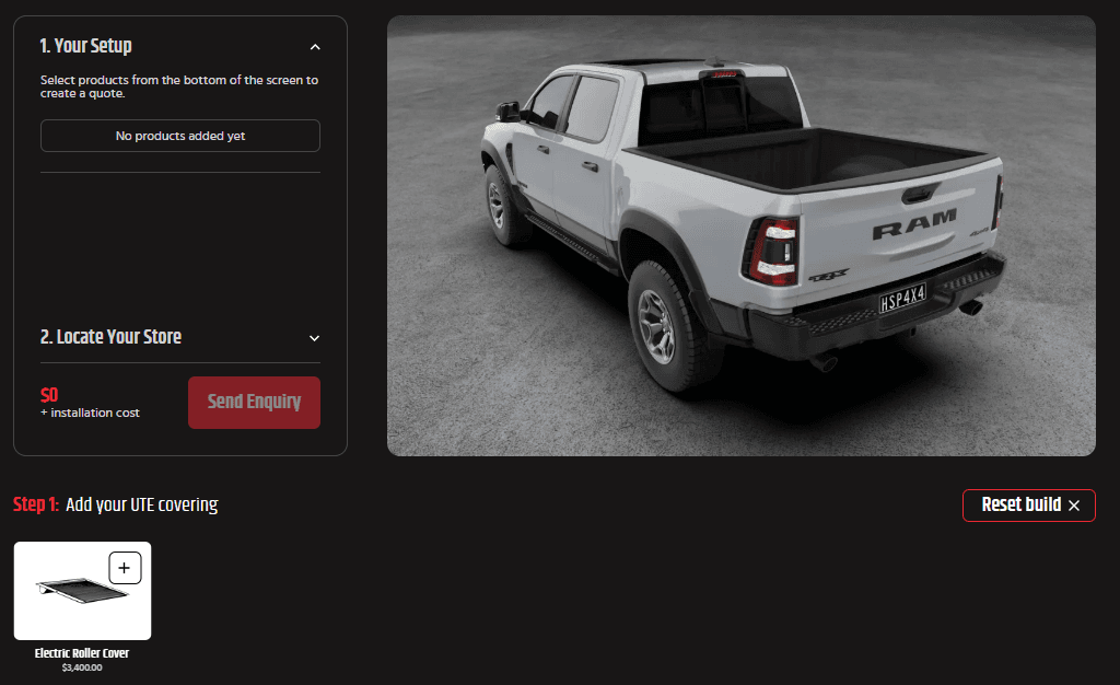Ute Roller Shutter for RAM utes: HSP Roll R Cover closed over the ute tub on a dual cab. 3D ute builder screenshot