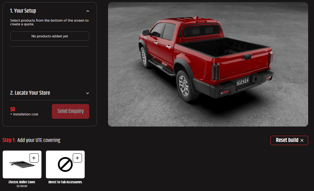 JAC T9 Accessories: Australian-made roller covers, racks and tub gear on a dual cab ute. 3D ute builder screenshot
