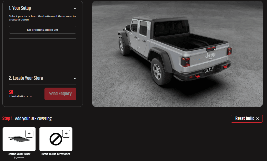 Jeep Gladiator Roller Shutter: HSP Roll R Cover closed over the ute tub on a dual cab. 3D ute builder screenshot