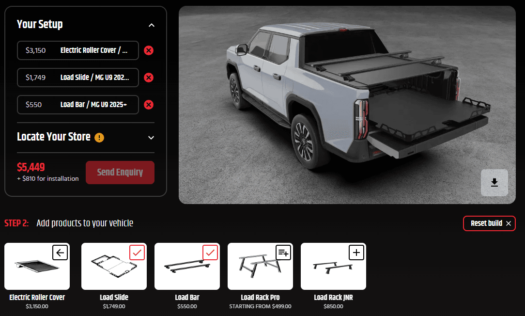 MG U9 Accessories: Australian-made roller covers, racks and tub gear on a dual cab ute. 3D ute builder screenshot