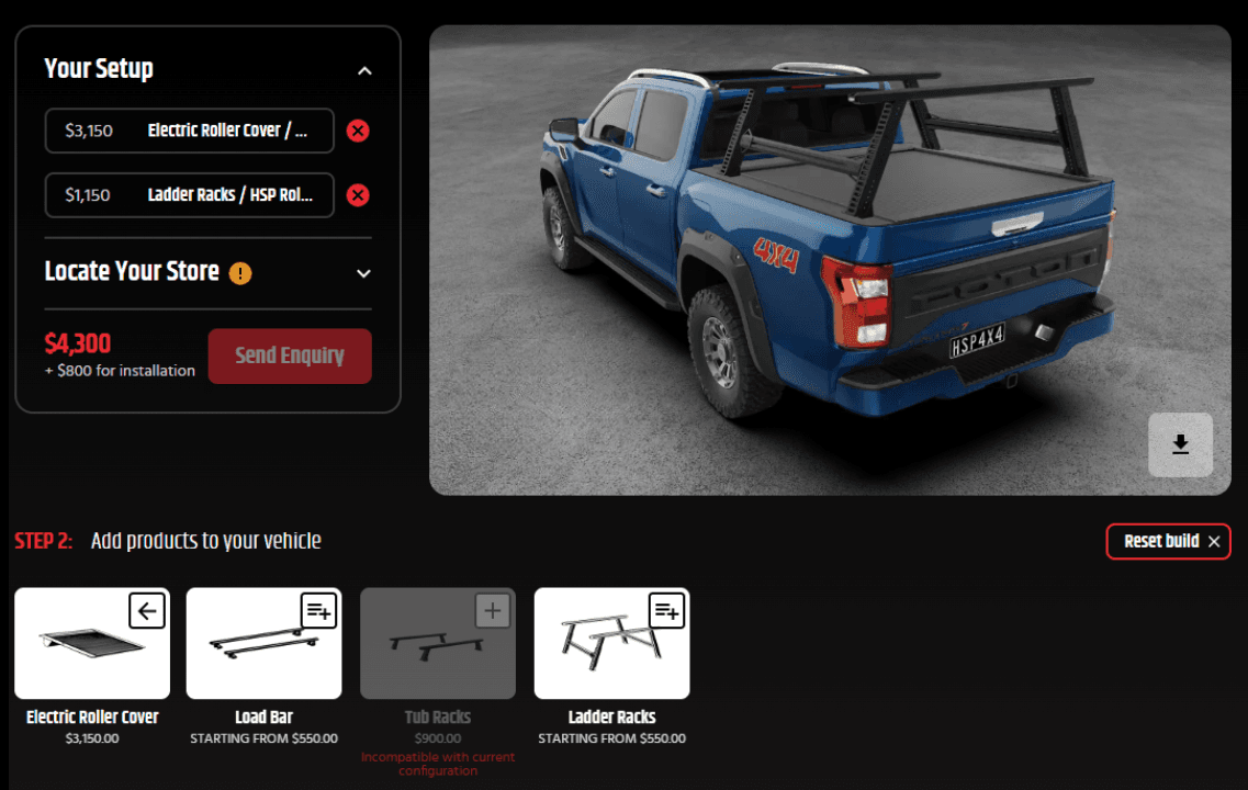 Foton Tunland Accessories: HSP Ute Builder tool for configuring roller covers, racks and tub accessories for a Foton Tunland