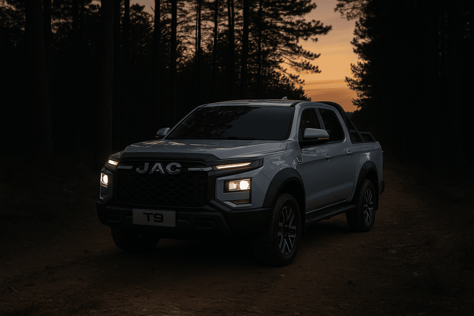 JAC T9 on a dirt track in the evening, lifestyle image.