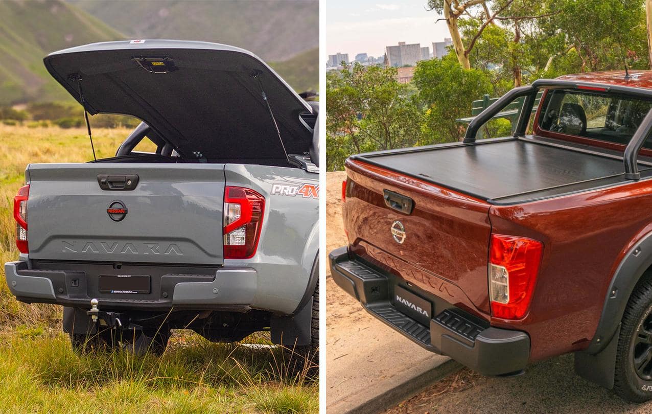 Showcasing Ute hard lids and ute roller shutters in one image, pitting them against eachother.