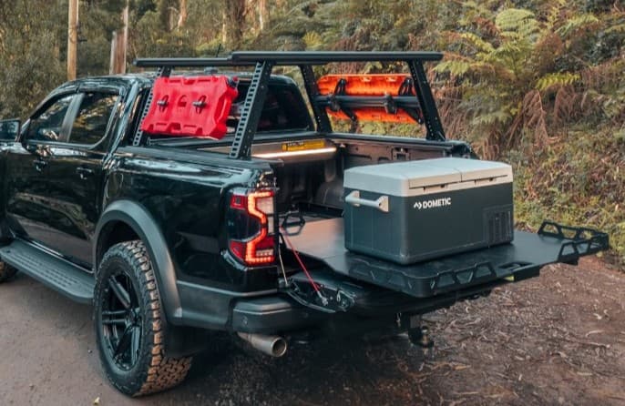 Showcase of all HSP accessories on a ford ranger ute. Showing the roller cover, ladder rack & tray slider.