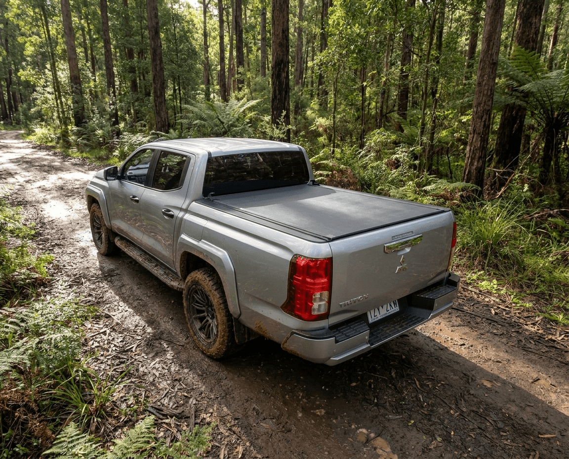 Mitsubishi Triton Tonneau Cover: HSP Roll Mate closed over the ute tub on a dual cab on a Mitsubishi Triton MV