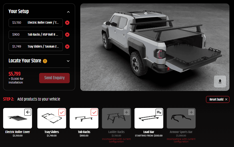 Kia Tasman Accessories: Australian-made roller covers, racks and tub gear on a dual cab ute. 3D ute builder screenshot