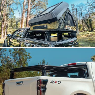 The Ute Tub Rack with multiple accessories put on it, from rooftop tents for utes to platforms, showcasing the universal channels & height adjustability.