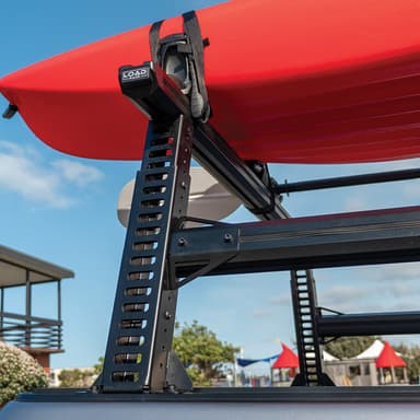 Close up on the Ute Ladder Rack's powder black finish & strong alloy fabrication, with adjustable height & dynamic load strenght, this ute ladder rack is ready to go.