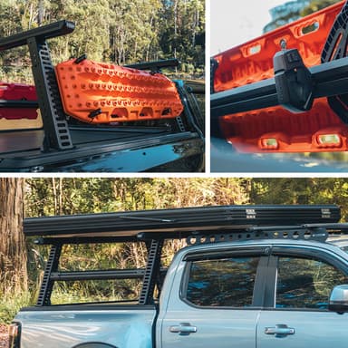 Multiple Showcases of the Ute Ladder Rack with accessories attached, like clips, offroading recovery tools & a large rooftop tent.