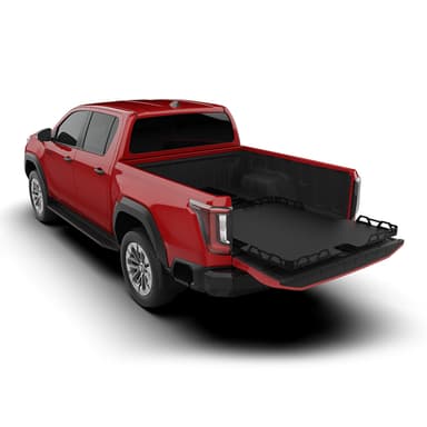 HSP Load Slide fitted to red Toyota Hilux dual cab, rear three quarter view showing heavy duty sliding tray extended from open tub for easy access to cargo
