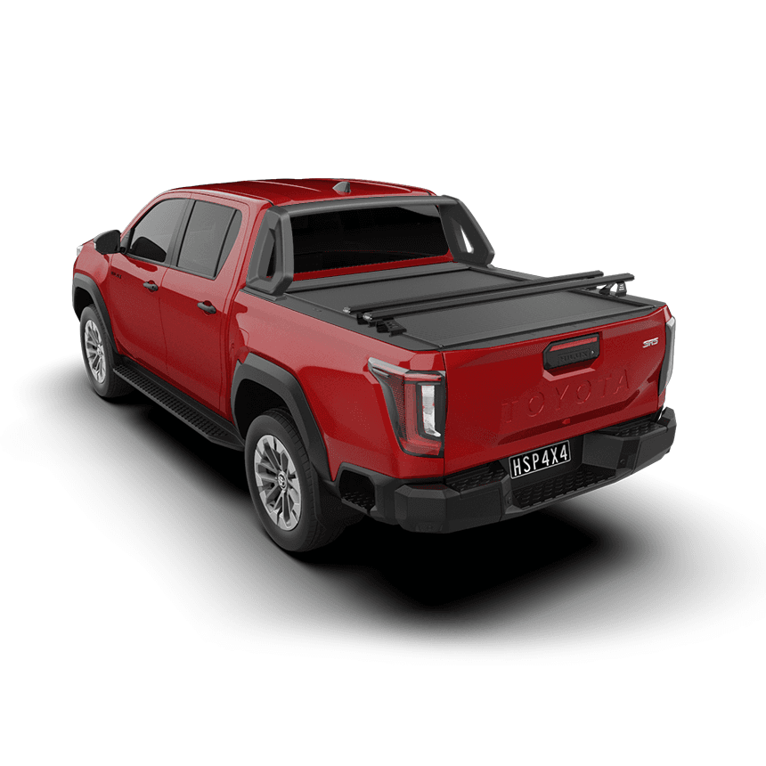 2026 Toyota Hilux featuring HSP Roll Top, 2 x closely placed HSP Load Bars towards the rear of the tub, over a closed HSP Roller Cover