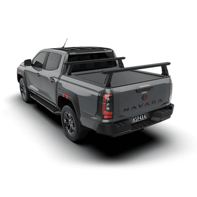 Tub Rack: HSP Load Rack JNR mounted to the tub and carrying gear on a Nissan Navara, with the HSP Roll R Cover roller shutter