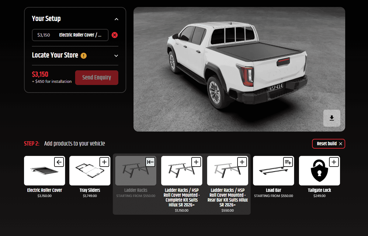 HiLux Ladder Rack: HSP Load Rack Pro mounted above the tub and carrying ladders