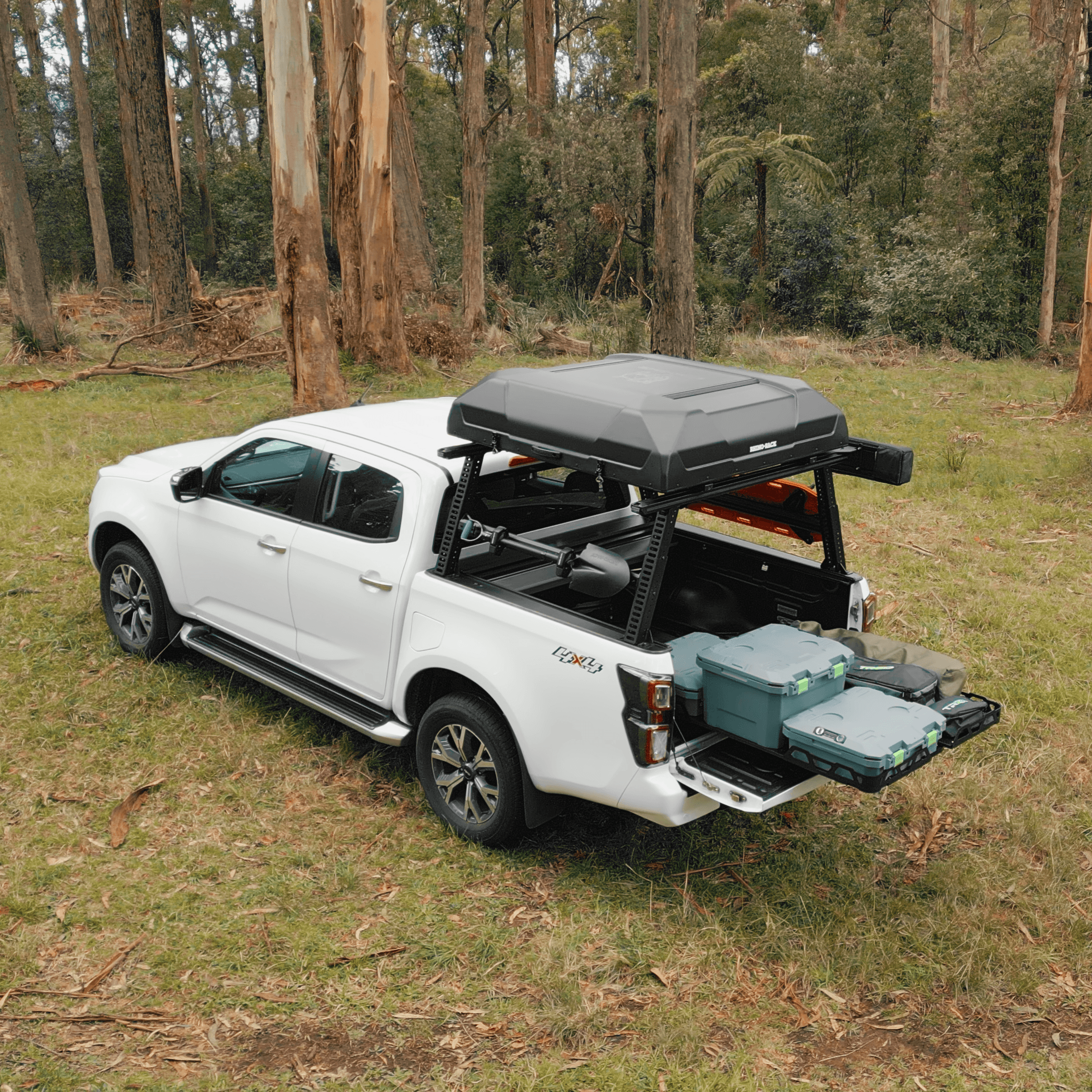 Universal Load Slide: Australian-made HSP dual cab ute tray slide extended with camping cases loaded, lifestyle setup