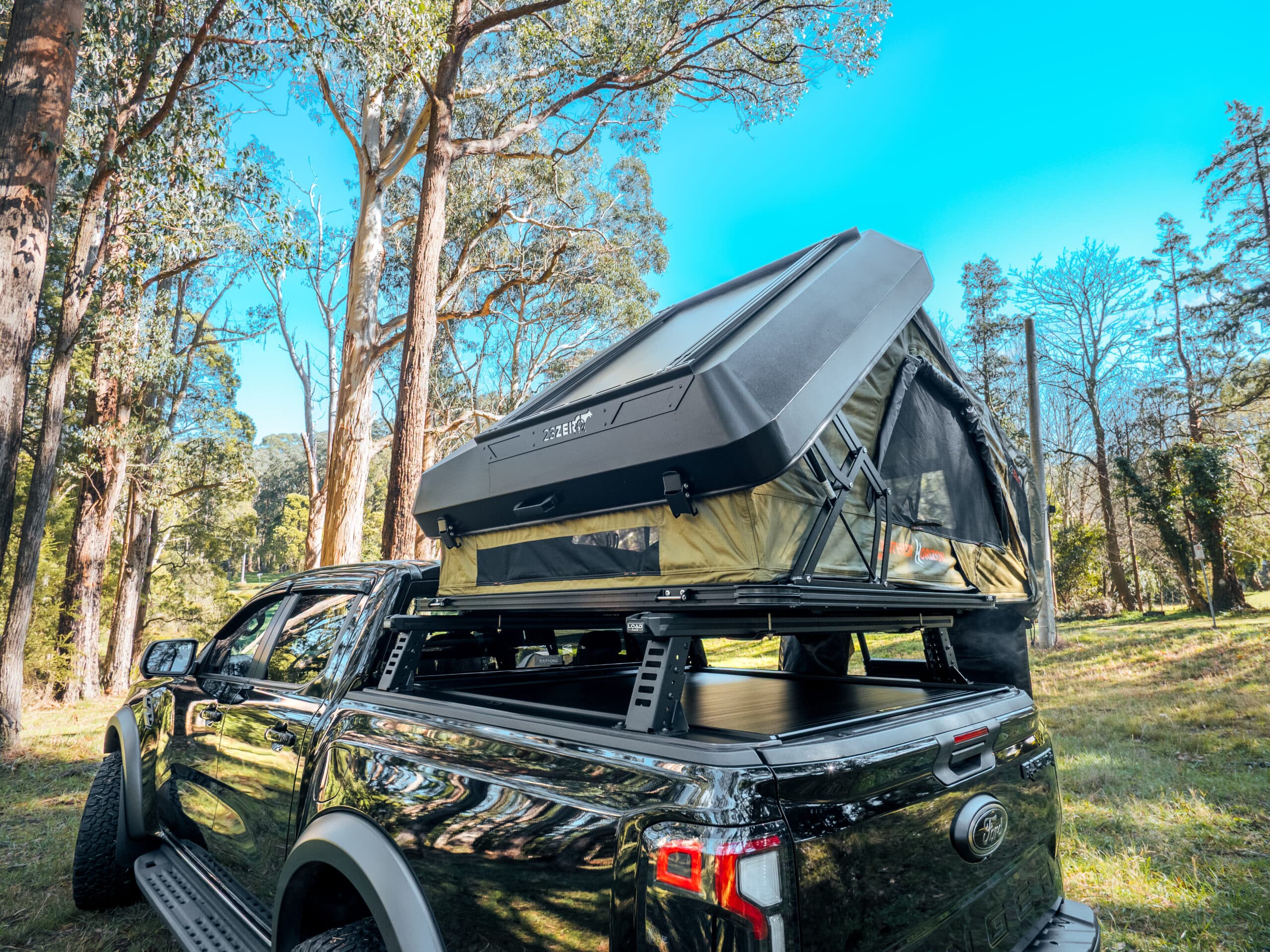 Ranger Raptor Tub Rack: HSP Load Rack JNR mounted to the tub and carrying gear