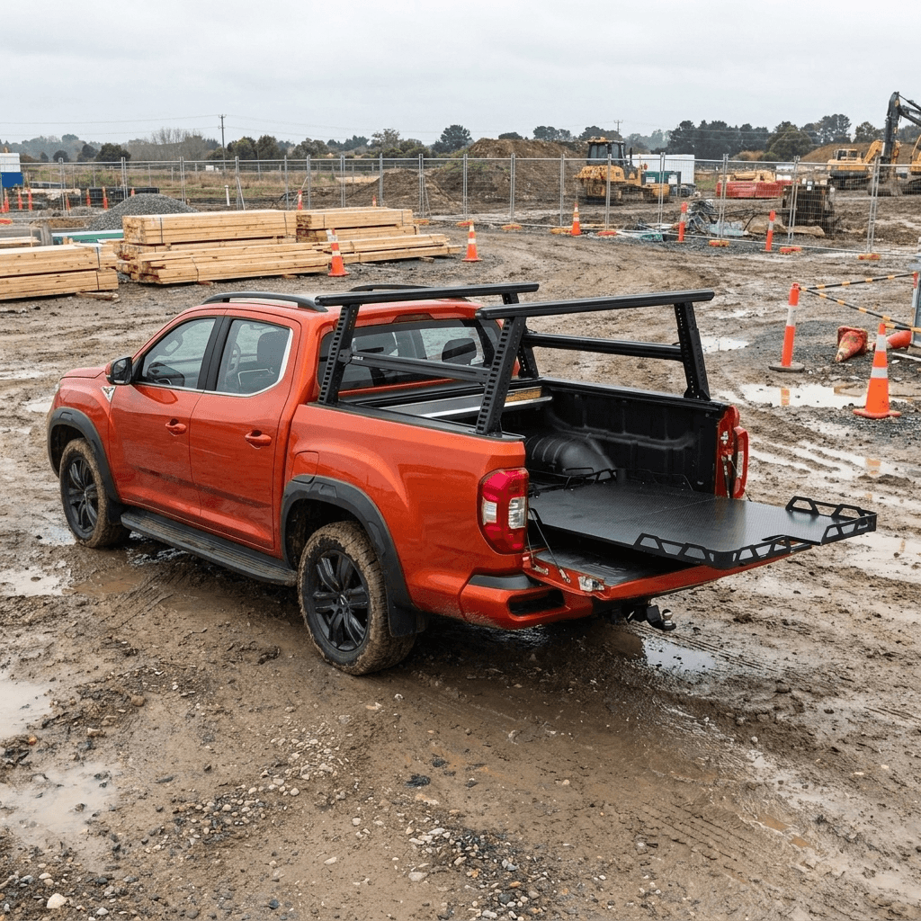 Foton Tunland Tray Slide: HSP Load Slide extended from the tub for full cargo access