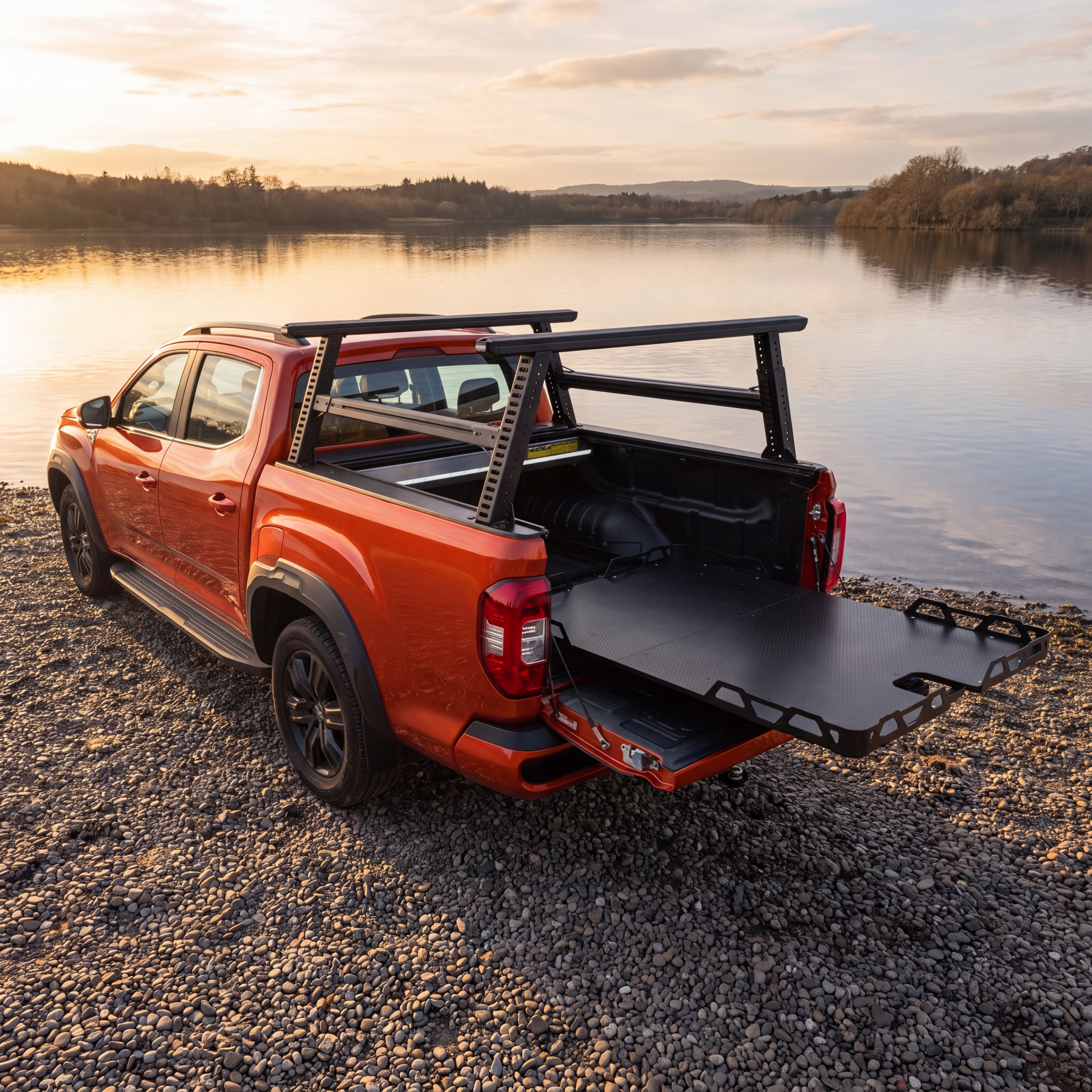 Universal Load Slide: Australian-made HSP dual cab ute tray slide fully extended at a lakeside campsite